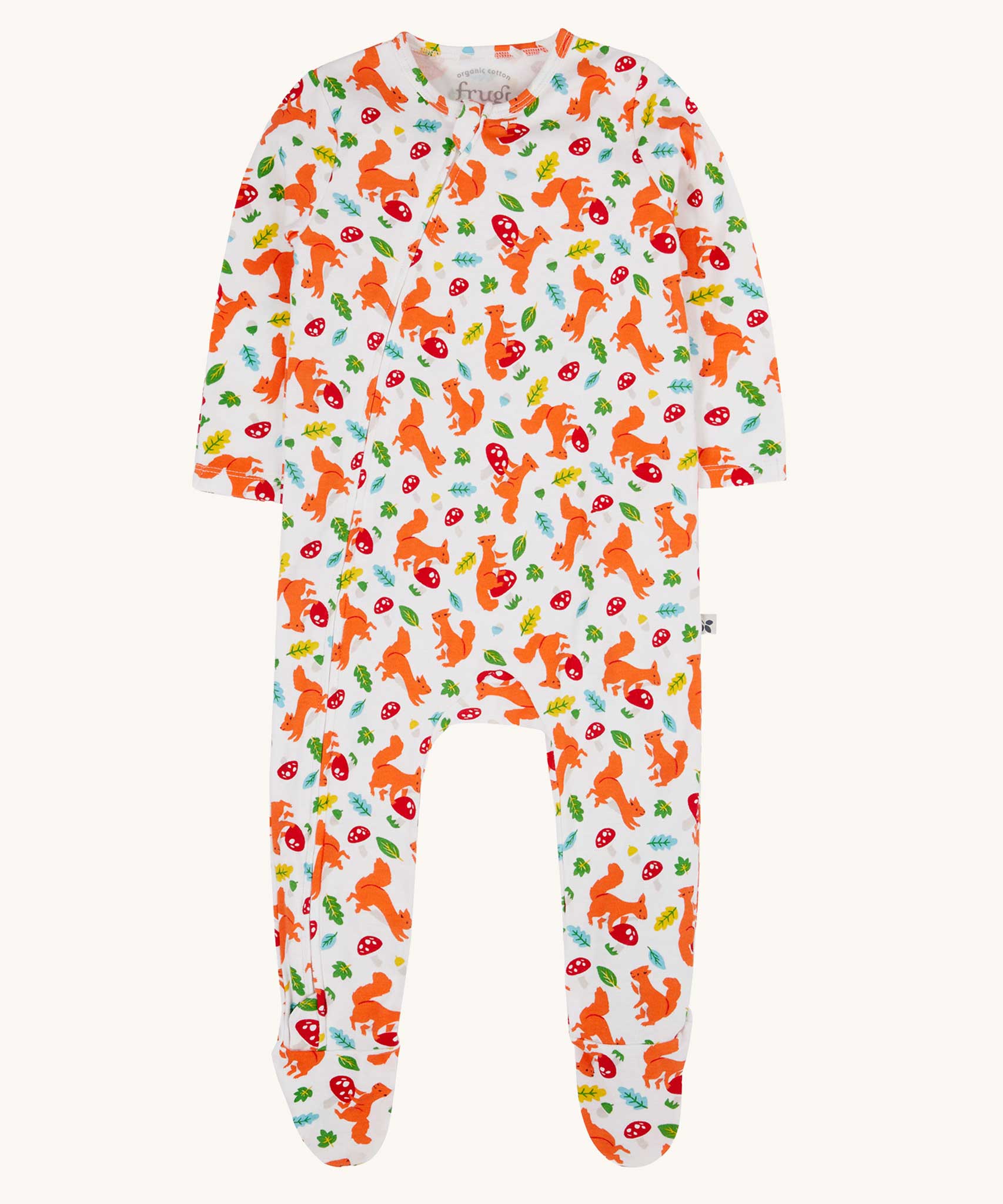 Frugi organic cotton kimono style zip babygrow with a squirrel friends print. 