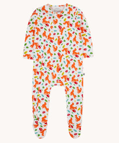 Frugi organic cotton kimono style zip babygrow with a squirrel friends print. 