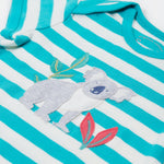 A close up of the Frugi Koala rue romper showing the grey koala applique next to pink leaves and a bamboo shoot on blue and white striped organic cotton fabric