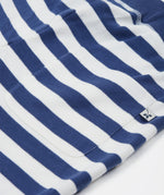 Close up of the Frugi kids sunny koala big stripe short showing the back pocket detail on navy and white organic cotton fabric