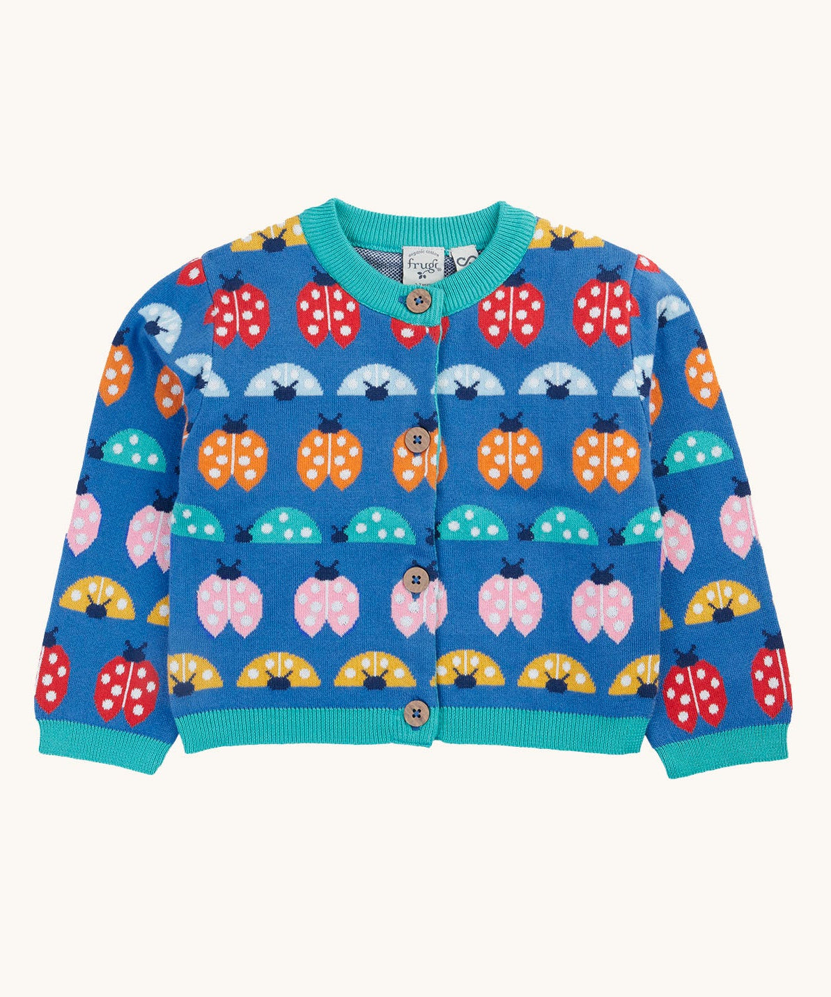 Frugi blue knitted fair isle children's cardigan with red, yellow,  blue orange and pink ladybirds all over. Button up organic cotton cardigan with four wooden buttons.