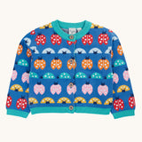 Frugi blue knitted fair isle children's cardigan with red, yellow,  blue orange and pink ladybirds all over. Button up organic cotton cardigan with four wooden buttons.