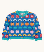 Frugi blue knitted fair isle children's cardigan with red, yellow,  blue orange and pink ladybirds all over. Button up organic cotton cardigan with four wooden buttons.