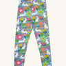 Frugi kids bunny bounce libby leggings - GOTS organic cotton kids light purple leggings. Features a flower and rainbow design with white bunny rabbits. 