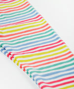 A close up of the Frugi libby leggings. Showing the multicoloured stripes on organic cotton fabric