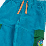 Frugi GOTS 100% organic cotton adventure corduroy trousers in blue showing a orange drawcord and elasticated waist band