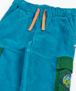 Frugi GOTS 100% organic cotton adventure corduroy trousers in blue showing a orange drawcord and elasticated waist band