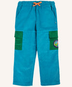 Frugi Lennox adventure trousers in boat blue organic cotton corduroy with green side pockets on the leg, one decorated with a nature themed badge.