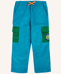 Frugi Lennox adventure trousers in boat blue organic cotton corduroy with green side pockets on the leg, one decorated with a nature themed badge.