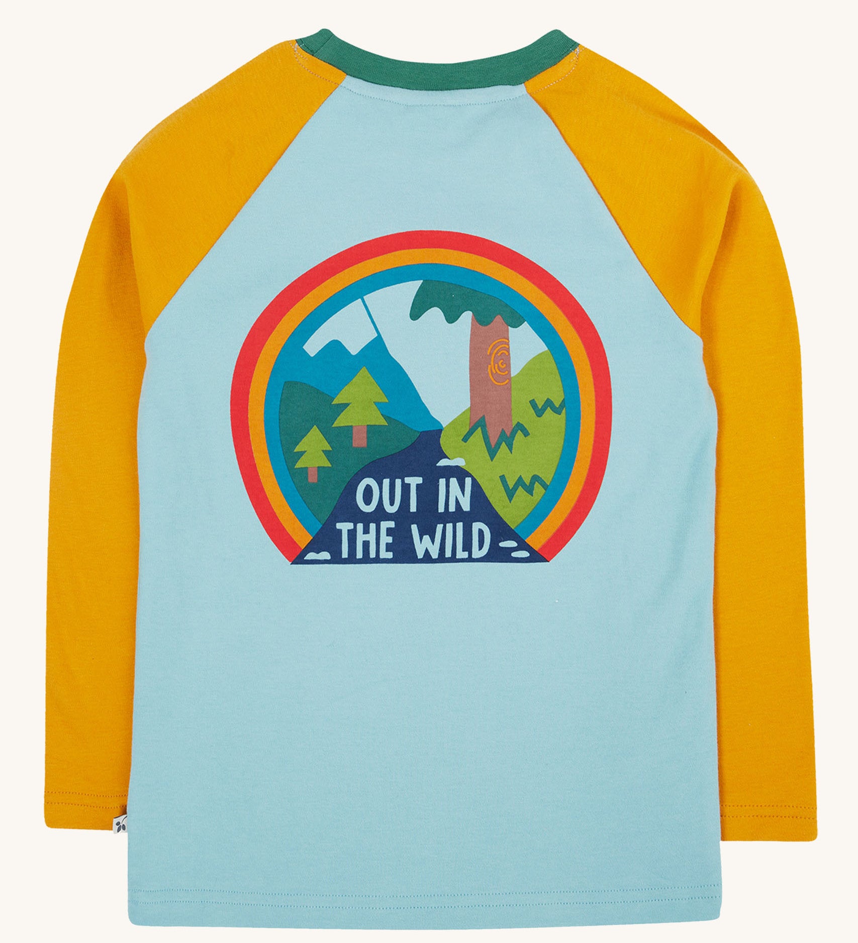 The back of the Frugi Children's Leo raglan long sleeved top. The body of the top is light blue with yellow gold coloured sleeves and a contrasting dark green neck collar. The large circular graphic on the back features the words out in the wild written on a river surrounded by land, trees, mountains all surrounded by a three colour rainbow.