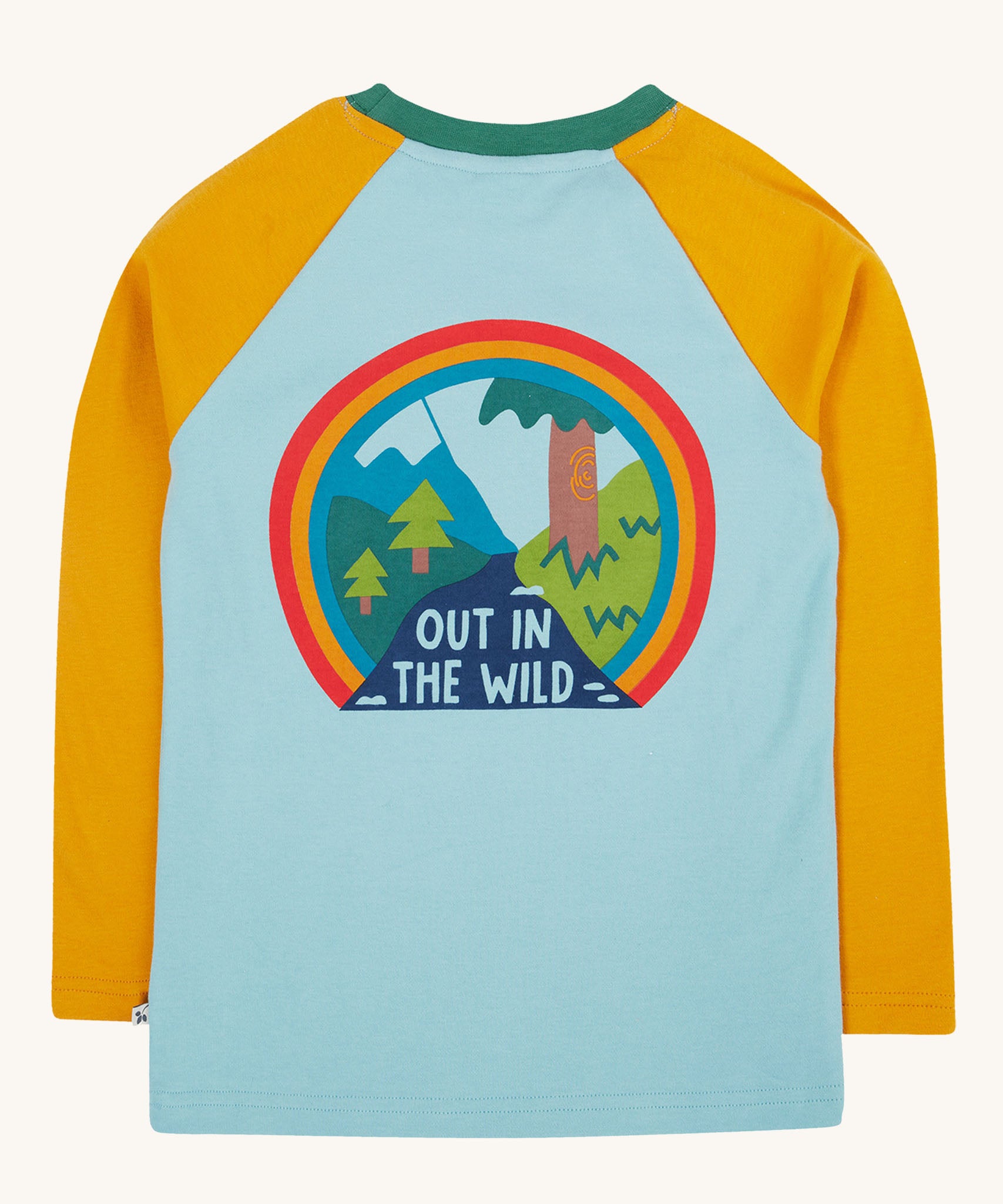 The back of the Frugi Children's Leo raglan long sleeved top. The body of the top is light blue with yellow gold coloured sleeves and a contrasting dark green neck collar. The large circular graphic on the back features the words out in the wild written on a river surrounded by land, trees, mountains all surrounded by a three colour rainbow.