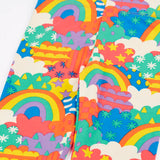 Close up of the Frugi Leona organic cotton leggings with a colourful fun frenzy print.