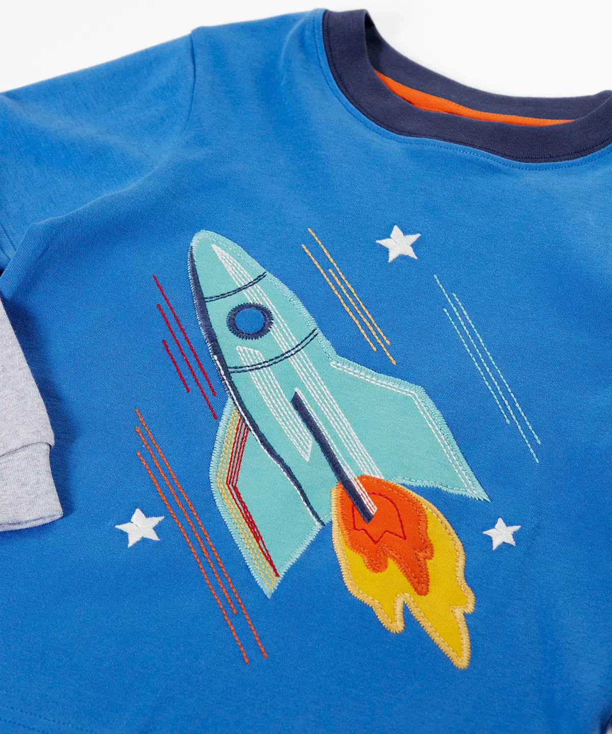 Frugi GOTS organic cotton layered long sleeve top in cobalt blue with rocket applique design and navy neckline