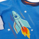 Frugi GOTS organic cotton layered long sleeve top in cobalt blue with rocket applique design and navy neckline