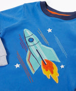 Frugi GOTS organic cotton layered long sleeve top in cobalt blue with rocket applique design and navy neckline