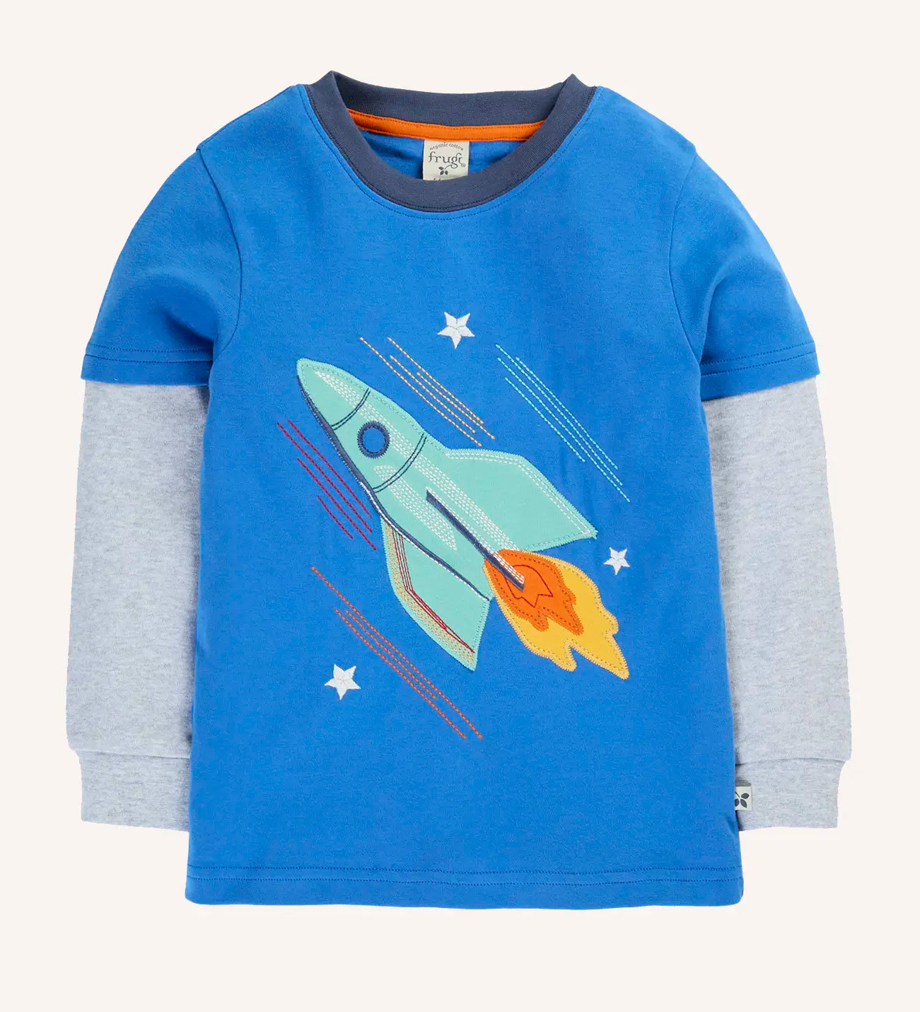Frugi organic cotton liam layered long sleeve top in cobalt blue with rocket applique design and grey sleeves. 