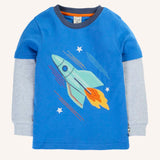 Frugi organic cotton liam layered long sleeve top in cobalt blue with rocket applique design and grey sleeves. 