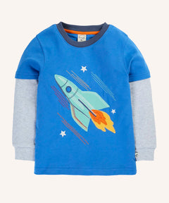 Frugi organic cotton liam layered long sleeve top in cobalt blue with rocket applique design and grey sleeves. 