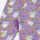 Close up of the Frugi libby purple organic cotton leggings with an all over koala cuddles print.