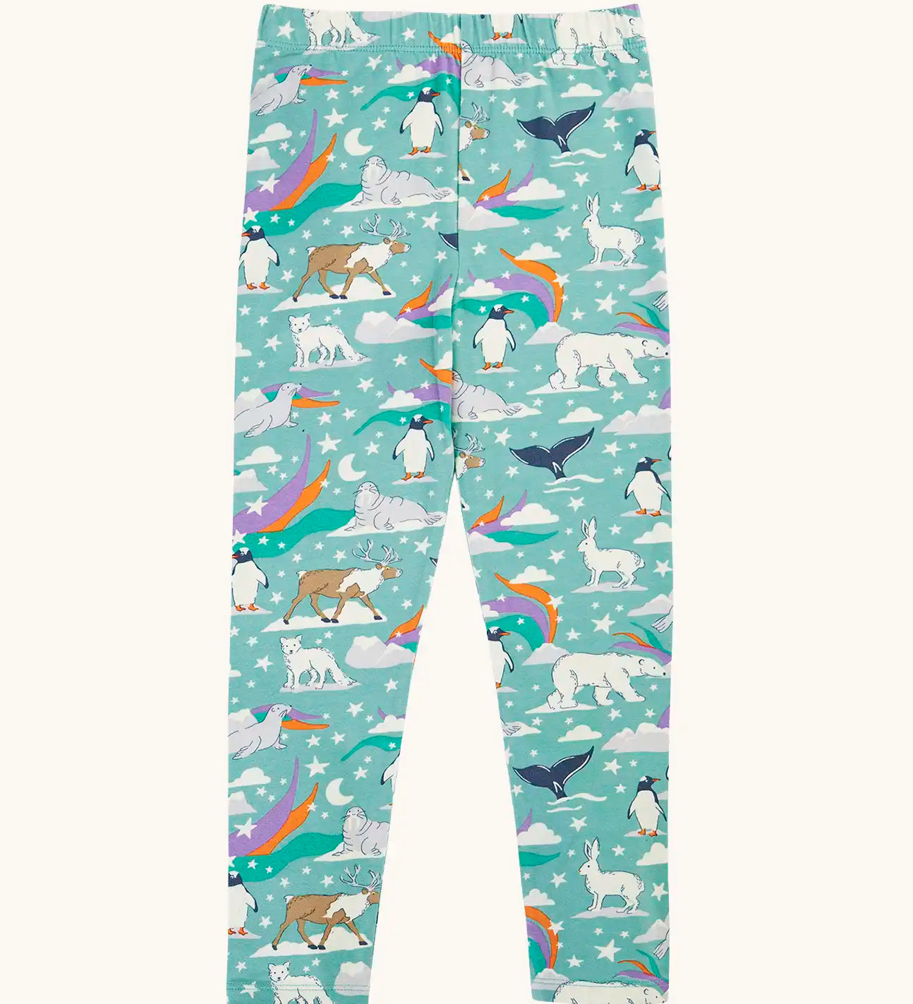 Frugi libby organic cotton leggings in moss green with an polar aurora all over print.  Blue green background with and all over print featuring polar animals among star and colourful swishes. 