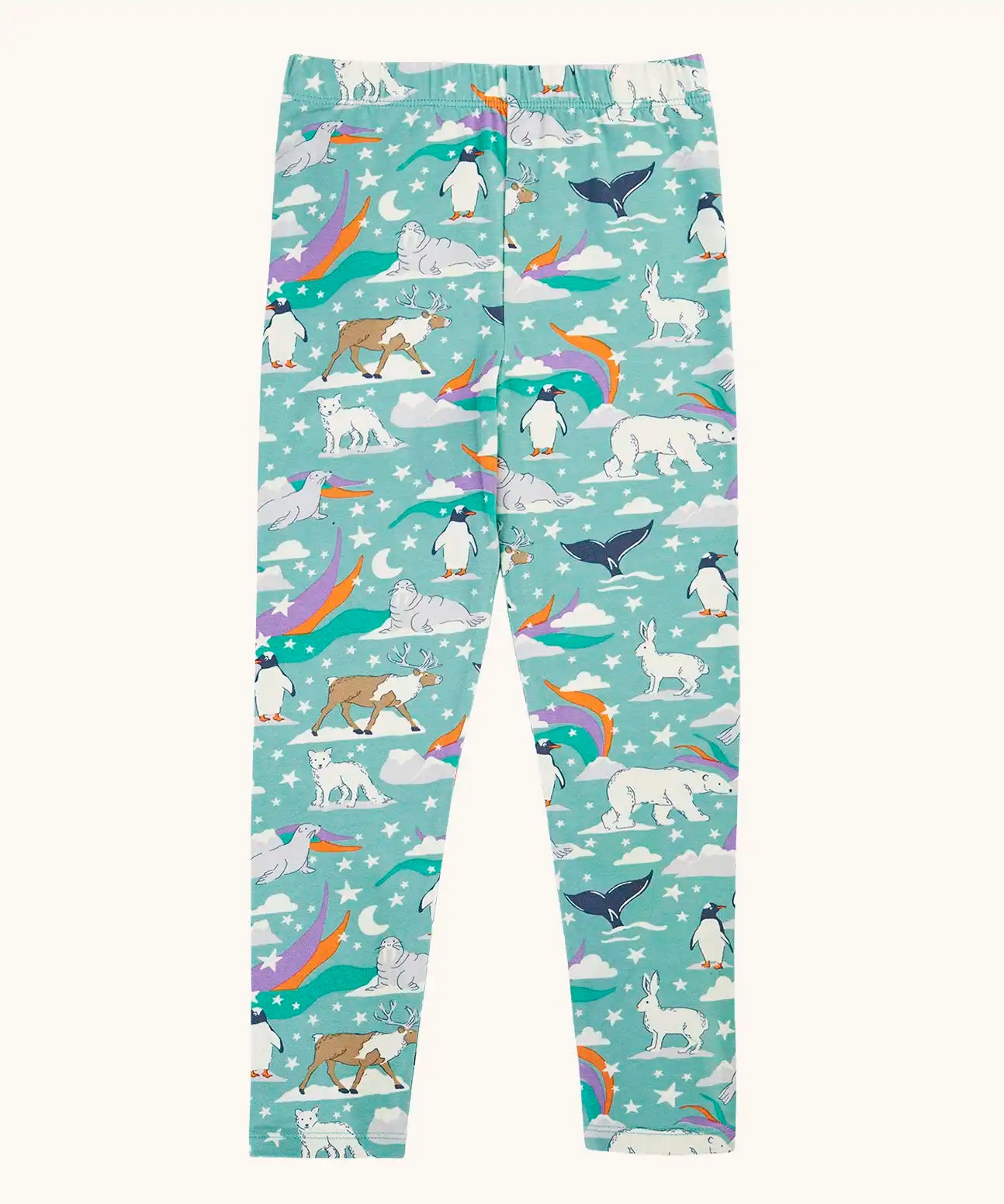 Frugi libby organic cotton leggings in moss green with an polar aurora all over print.  Blue green background with and all over print featuring polar animals among star and colourful swishes. 