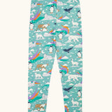 Frugi libby organic cotton leggings in moss green with an polar aurora all over print.  Blue green background with and all over print featuring polar animals among star and colourful swishes. 