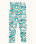 Frugi libby organic cotton leggings in moss green with an polar aurora all over print.  Blue green background with and all over print featuring polar animals among star and colourful swishes. 