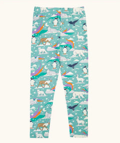 Frugi libby organic cotton leggings in moss green with an polar aurora all over print.  Blue green background with and all over print featuring polar animals among star and colourful swishes. 