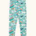 Frugi libby organic cotton leggings in moss green with an polar aurora all over print.  Blue green background with and all over print featuring polar animals among star and colourful swishes. 