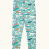Frugi libby organic cotton leggings in moss green with an polar aurora all over print.  Blue green background with and all over print featuring polar animals among star and colourful swishes. 