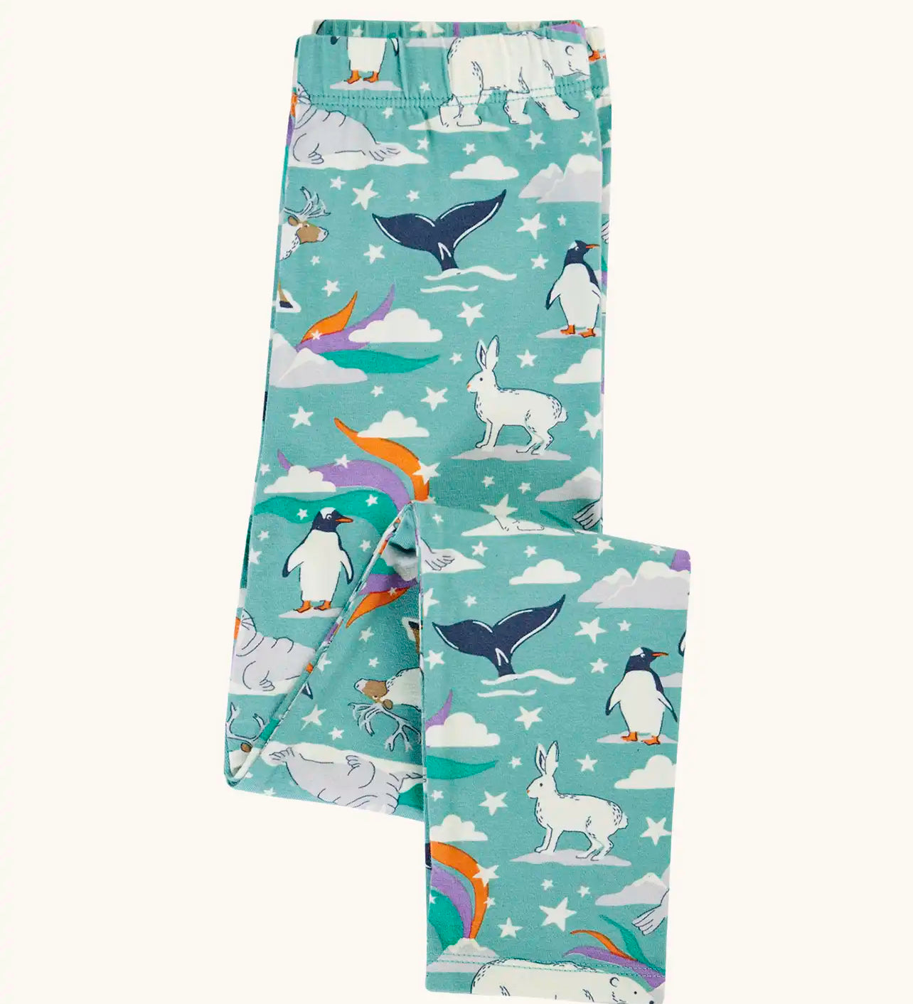 Frugi libby organic cotton leggings in moss green with an polar aurora all over print shown folded.  Blue green background with and all over print featuring polar animals among star and colourful swishes. 