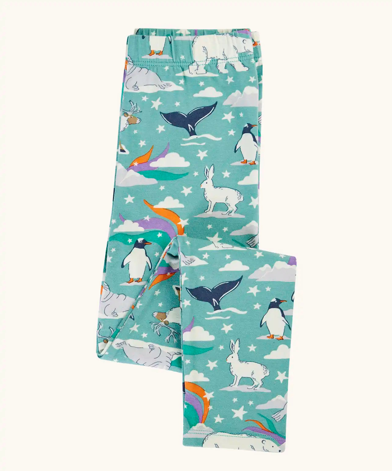 Frugi libby organic cotton leggings in moss green with an polar aurora all over print shown folded.  Blue green background with and all over print featuring polar animals among star and colourful swishes. 