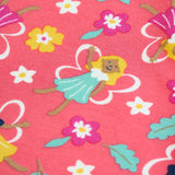 Close up of one of the fairies on the fairy flutter print on the Frugi organic cotton libby leggings. A blue flower shaped dress with white outline wings.