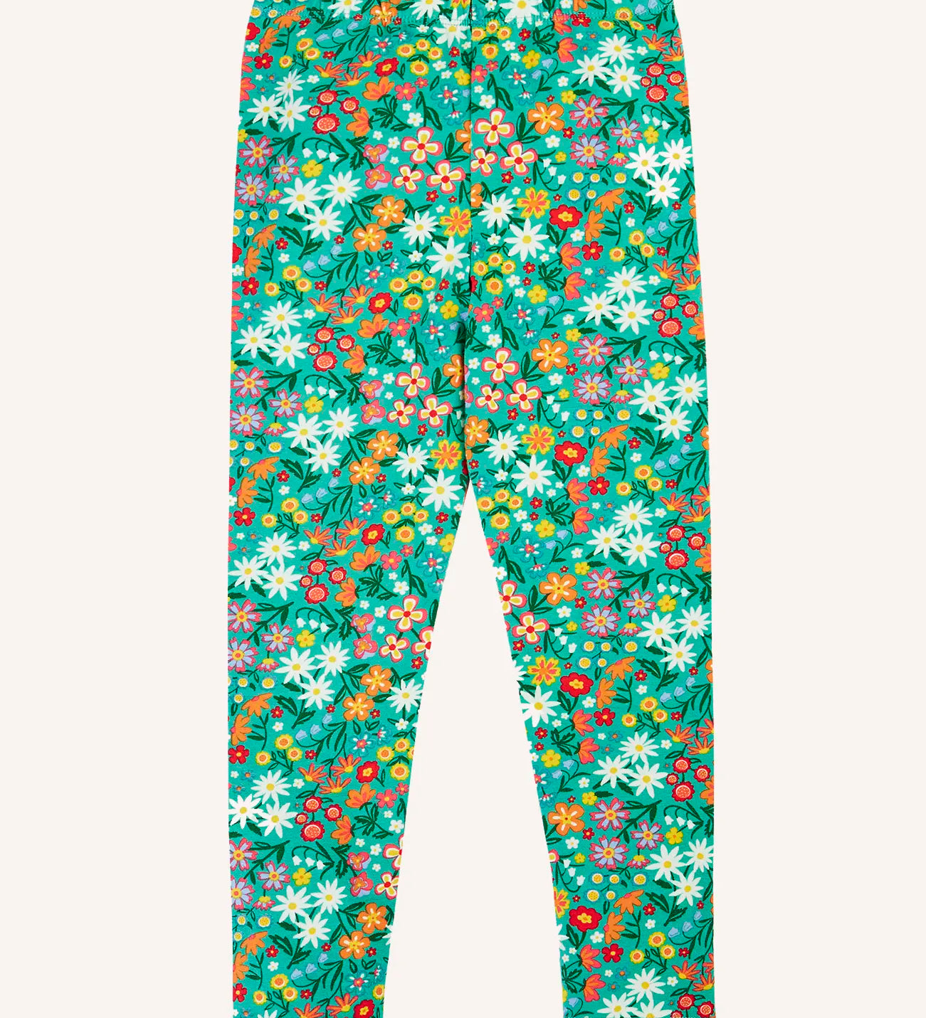 Frugi Libby organic cotton leggings with a wildflower wander all over print on a green background. 