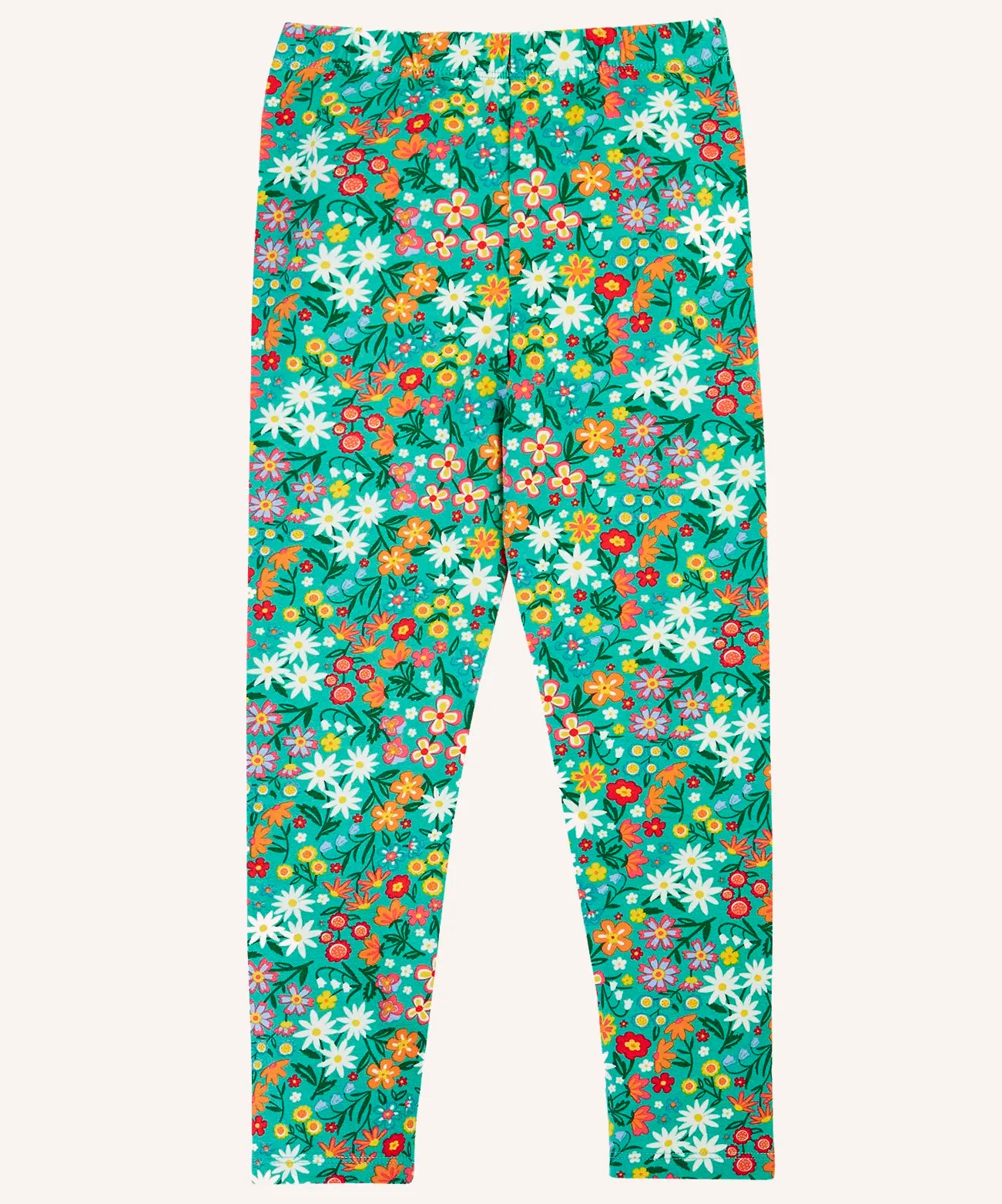 Frugi Libby organic cotton leggings with a wildflower wander all over print on a green background. 
