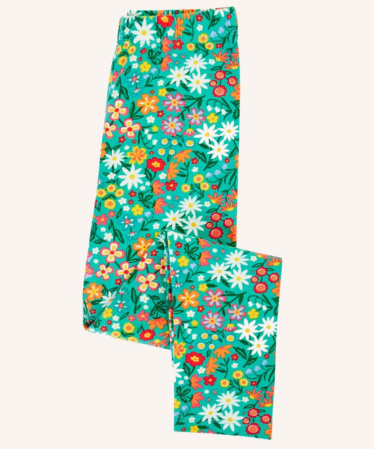 Frugi Libby leggings with a wildflower wander all over print on a green background shown folded. 