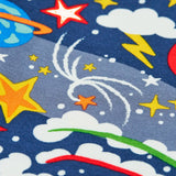 Close up of the print on the Frugi libby navy organic cotton leggings with explore the stars, space themed print. 