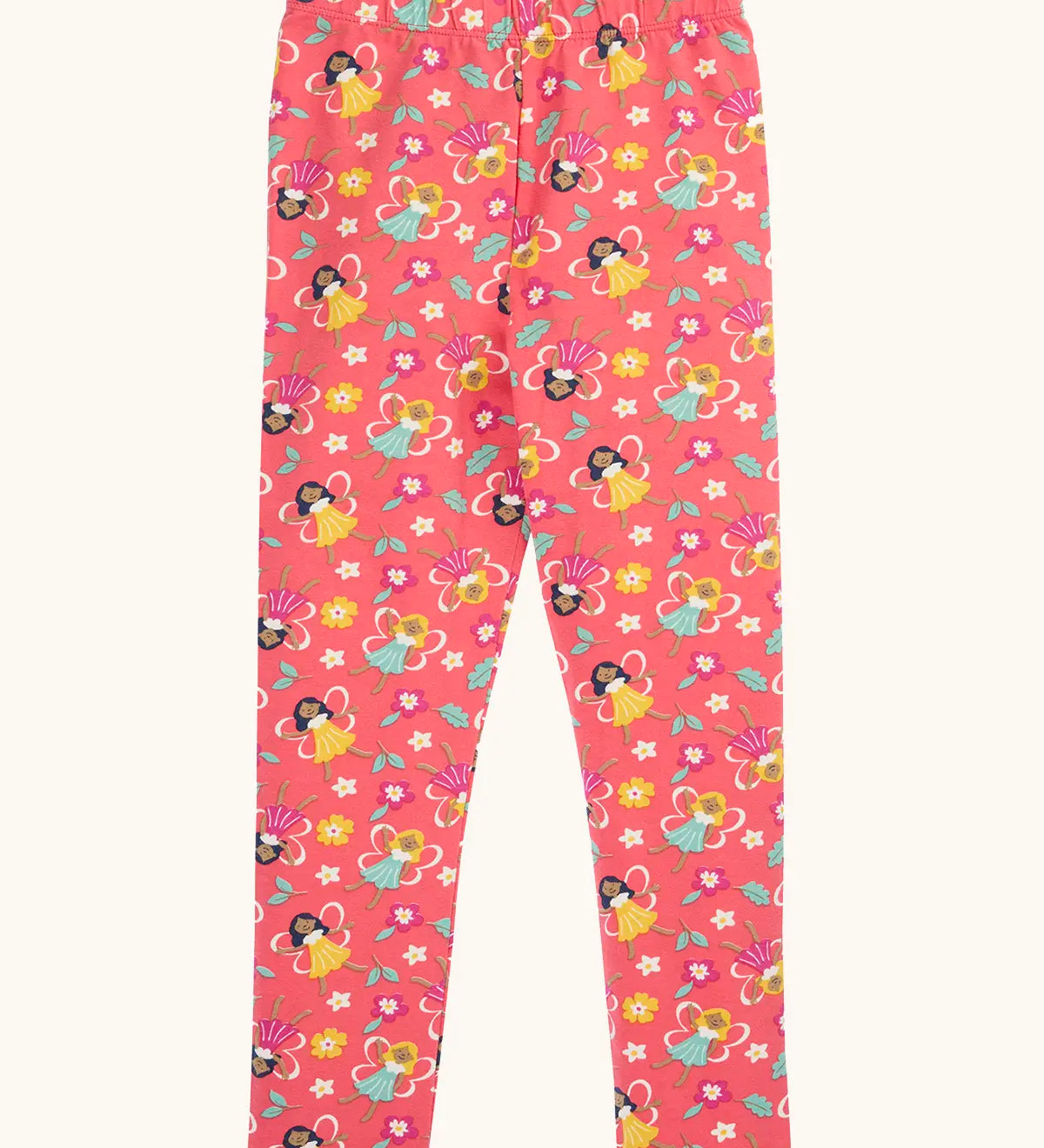 Frugi organic cotton libby leggings with a fairy flutters print. Pink background with all over print featuring fairies and flowers.