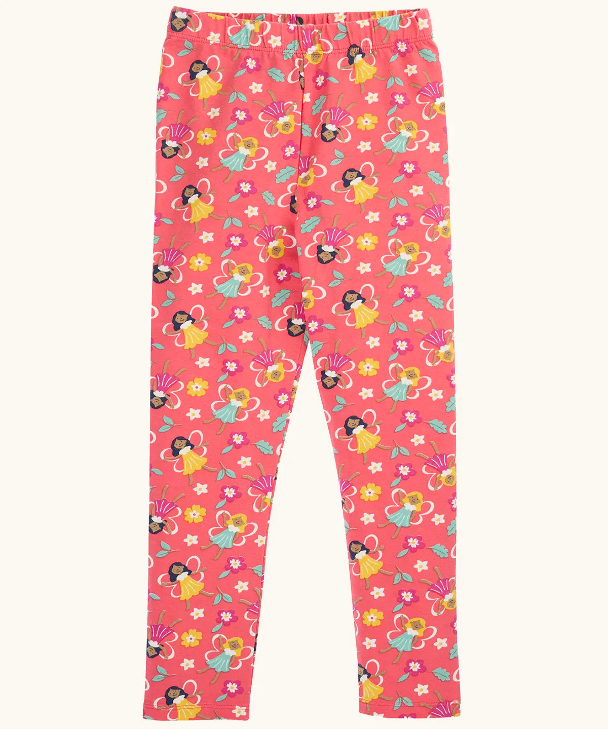 Frugi organic cotton libby leggings with a fairy flutters print. Pink background with all over print featuring fairies and flowers.