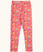 Frugi organic cotton libby leggings with a fairy flutters print. Pink background with all over print featuring fairies and flowers.