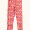 Frugi organic cotton libby leggings with a fairy flutters print. Pink background with all over print featuring fairies and flowers.