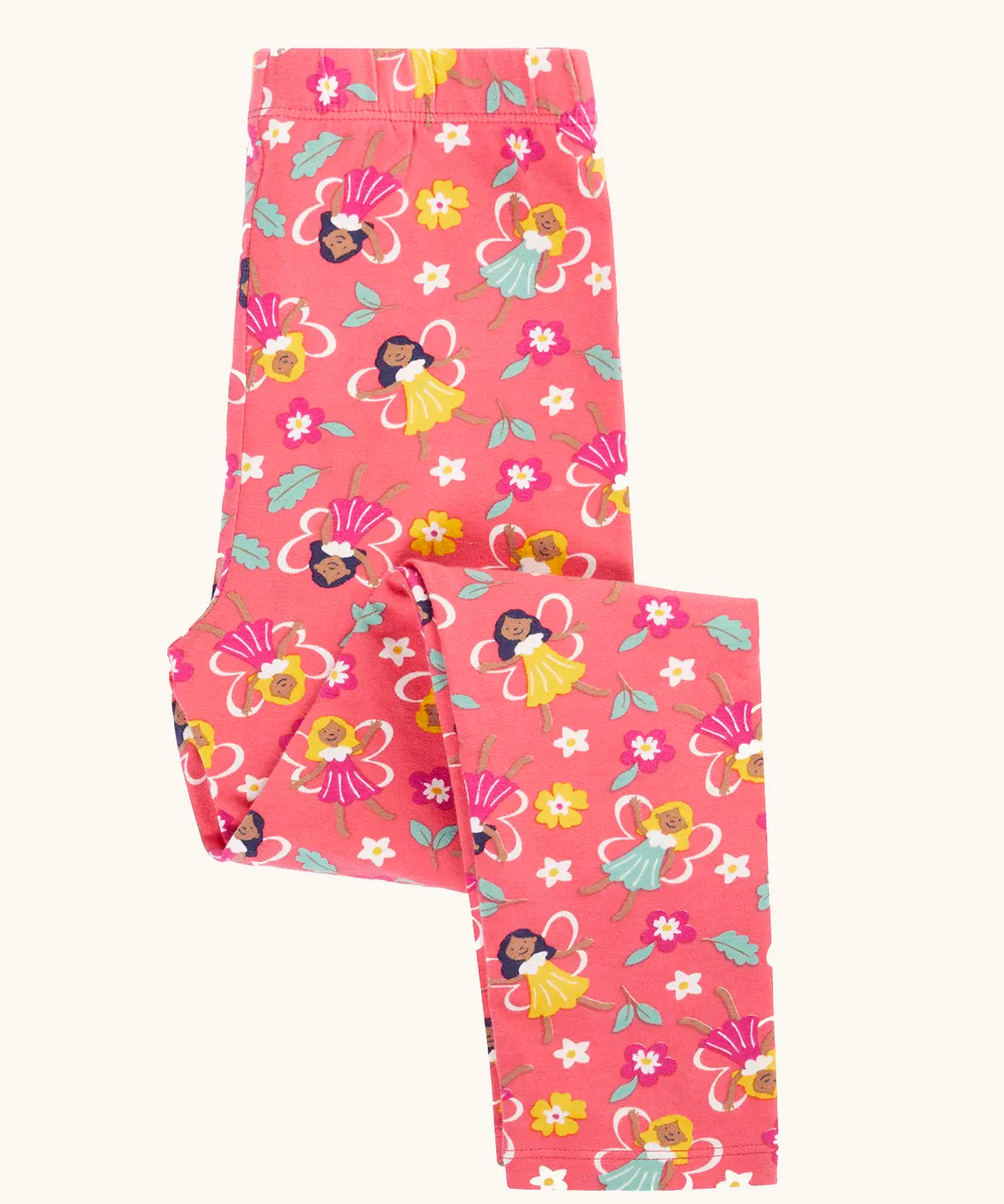 Frugi organic cotton libby leggings with a fairy flutters print shown folded. Pink background with all over print featuring fairies and flowers.