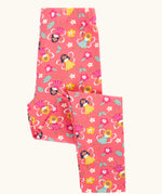 Frugi organic cotton libby leggings with a fairy flutters print shown folded. Pink background with all over print featuring fairies and flowers.