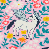 Close up of one of the Pegasus on the Frugi organic cotton libby leggings with a floral flight print. Pink background with all over print featuring flowers, foliage and Pegasuses.
