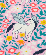 Close up of one of the Pegasus on the Frugi organic cotton libby leggings with a floral flight print. Pink background with all over print featuring flowers, foliage and Pegasuses.