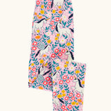Frugi organic cotton libby leggings with a floral flight print shown folded. Pink background with all over print featuring flowers, foliage and Pegasus.