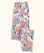 Frugi organic cotton libby leggings with a floral flight print shown folded. Pink background with all over print featuring flowers, foliage and Pegasus.