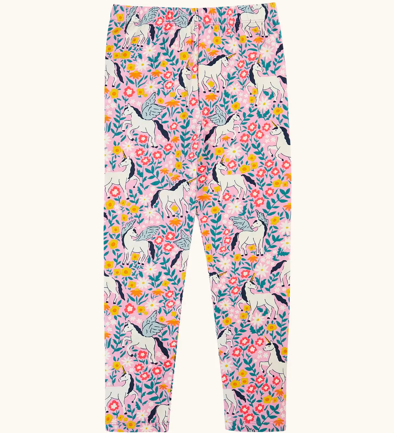 Frugi organic cotton libby leggings with a floral flight print. Pink background with all over print featuring flowers, foliage and Pegasus.