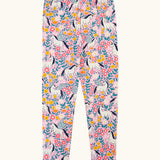 Frugi organic cotton libby leggings with a floral flight print. Pink background with all over print featuring flowers, foliage and Pegasus.