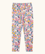 Frugi organic cotton libby leggings with a floral flight print. Pink background with all over print featuring flowers, foliage and Pegasus.